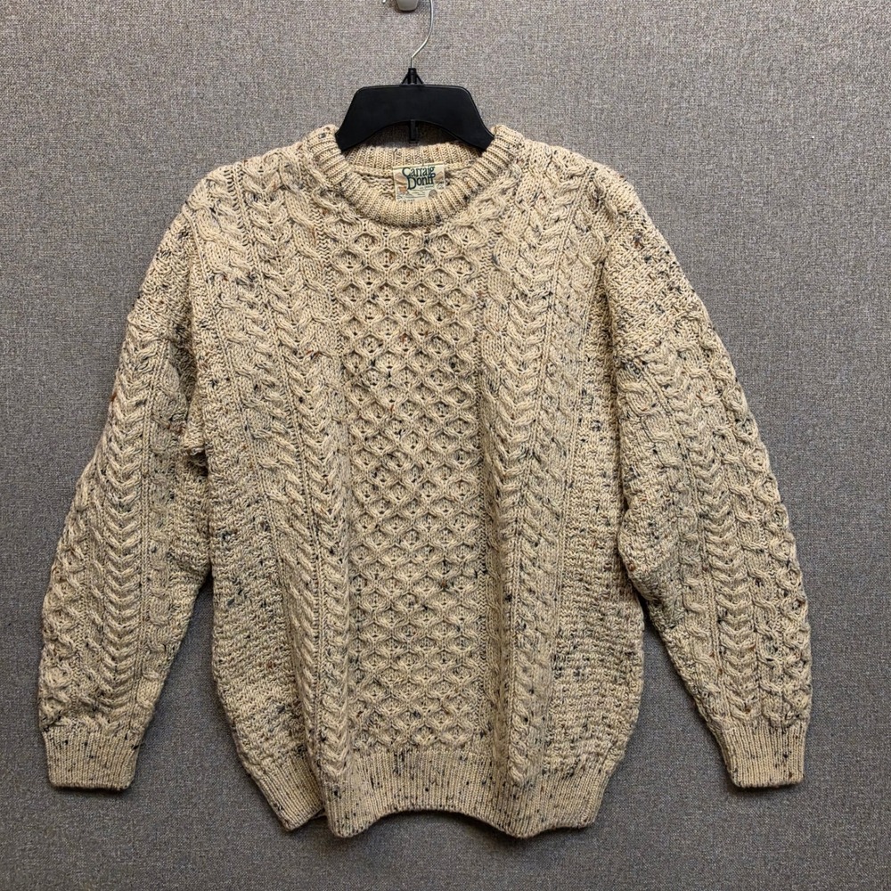 Vintage Carraig Donn Mens L Oatmeal Donegal Aran Wool Cable Knit Ireland 80s 90s